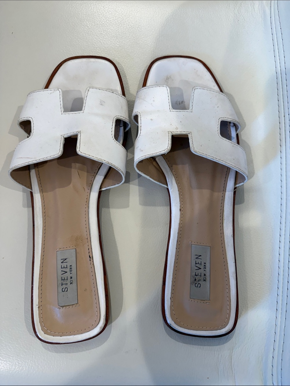 Steve Madden White Leather H-Cut Slide Sandals